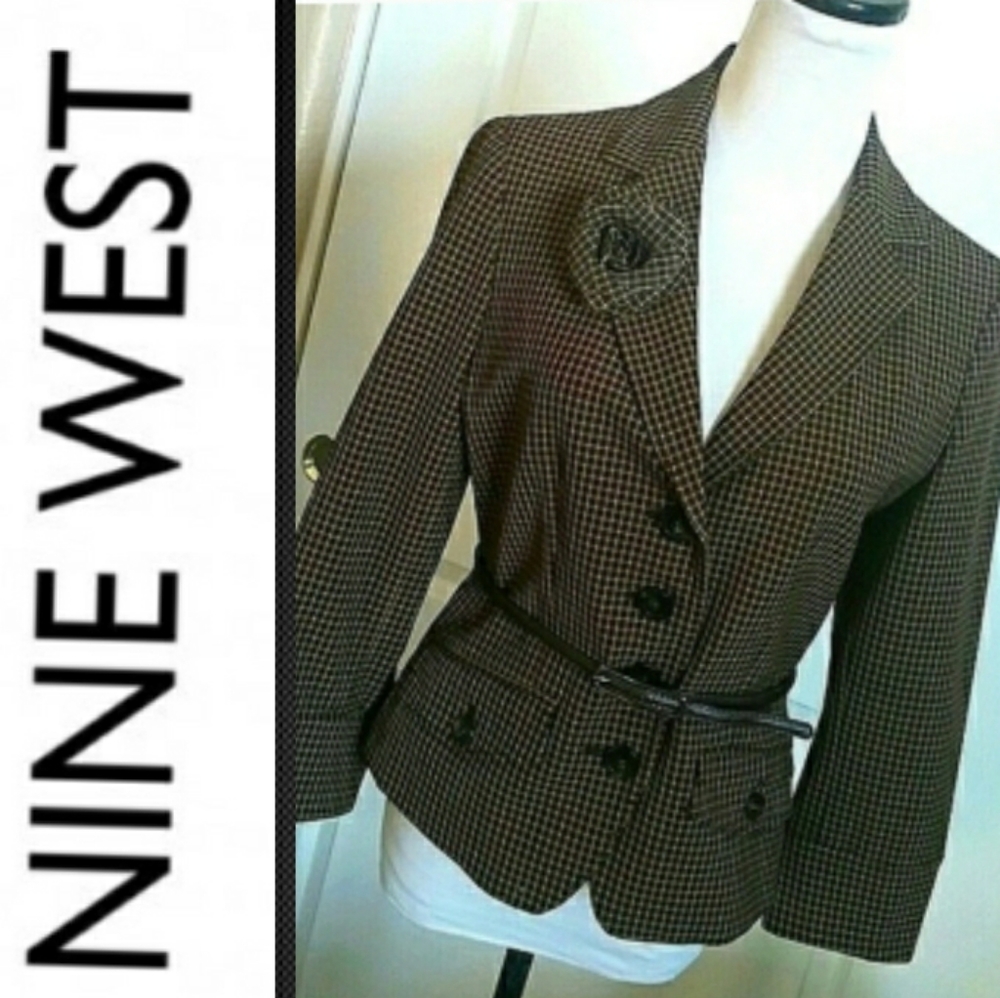 PLAID BLAZER PEPLUM TAILORED FIT BELTED TAN BLACK CAMEL SIZE 4 WOMENS 4 NWOT